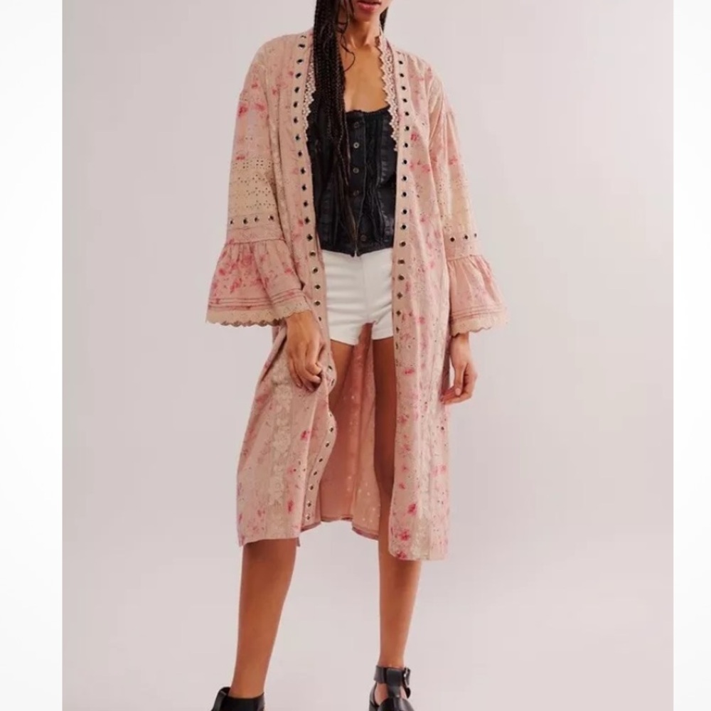 Free people On the road Duster Floral Eyelet Lace Trim boho cardigan SZ various - Picture 3 of 16